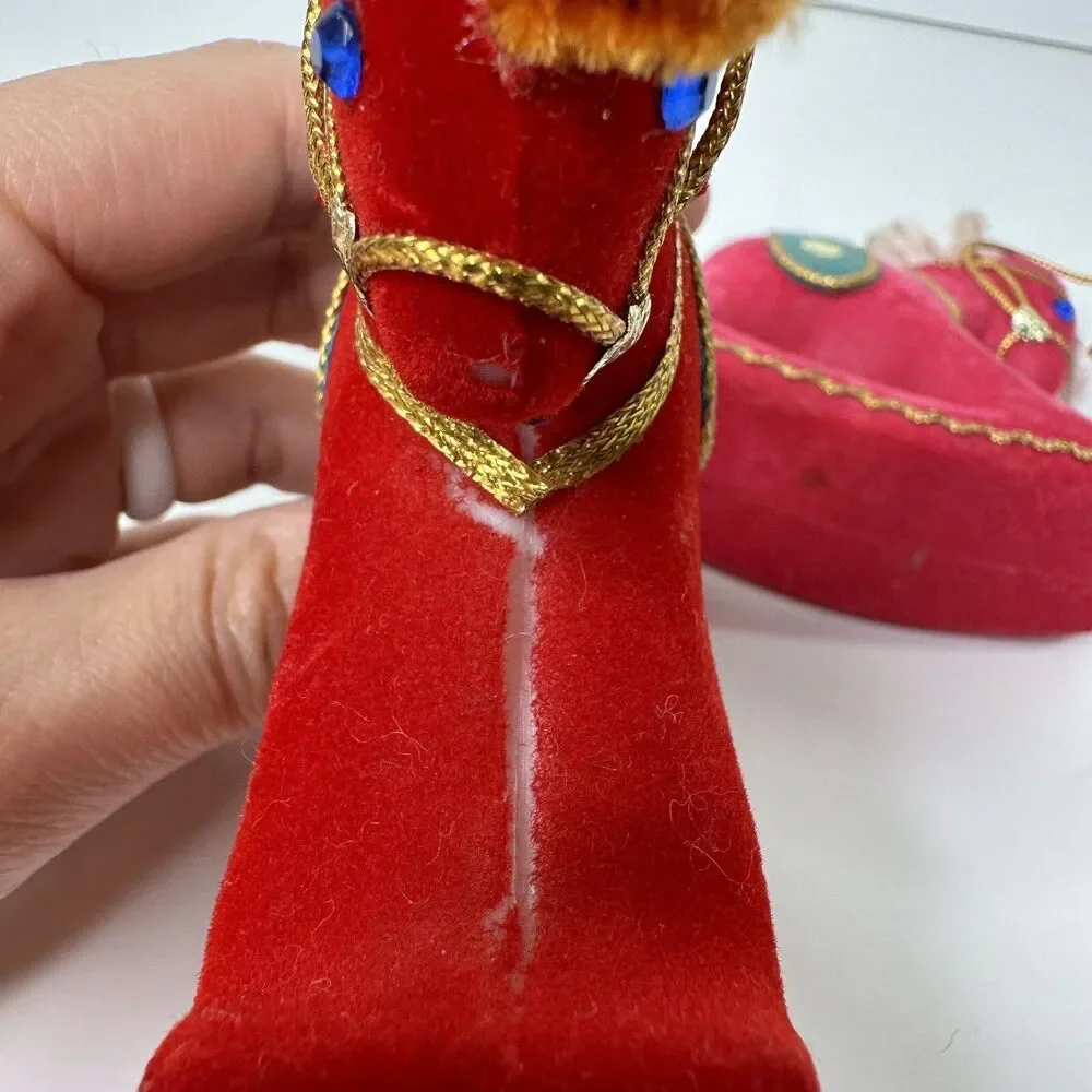 2 Vtg Rocking Horse Flocked Christmas Ornaments Kitschy Red Pink Pipe Cleaner 4